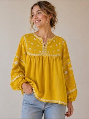 Cougar Yellow Embroidered Boho Tunic Top
